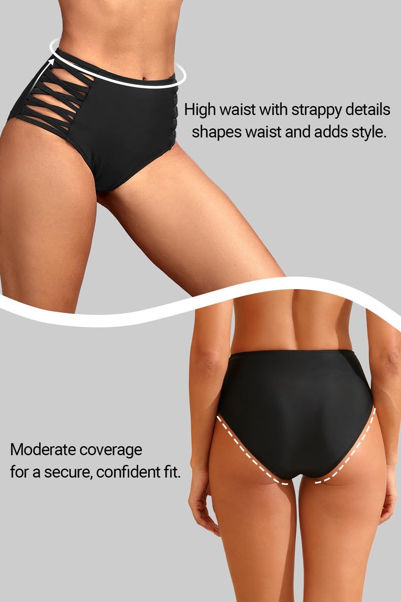 Holipick Women Black High Waisted Bikini Bottoms Tummy Control Swimsuit Bottoms Strappy Swim Bottom XL - Image 2